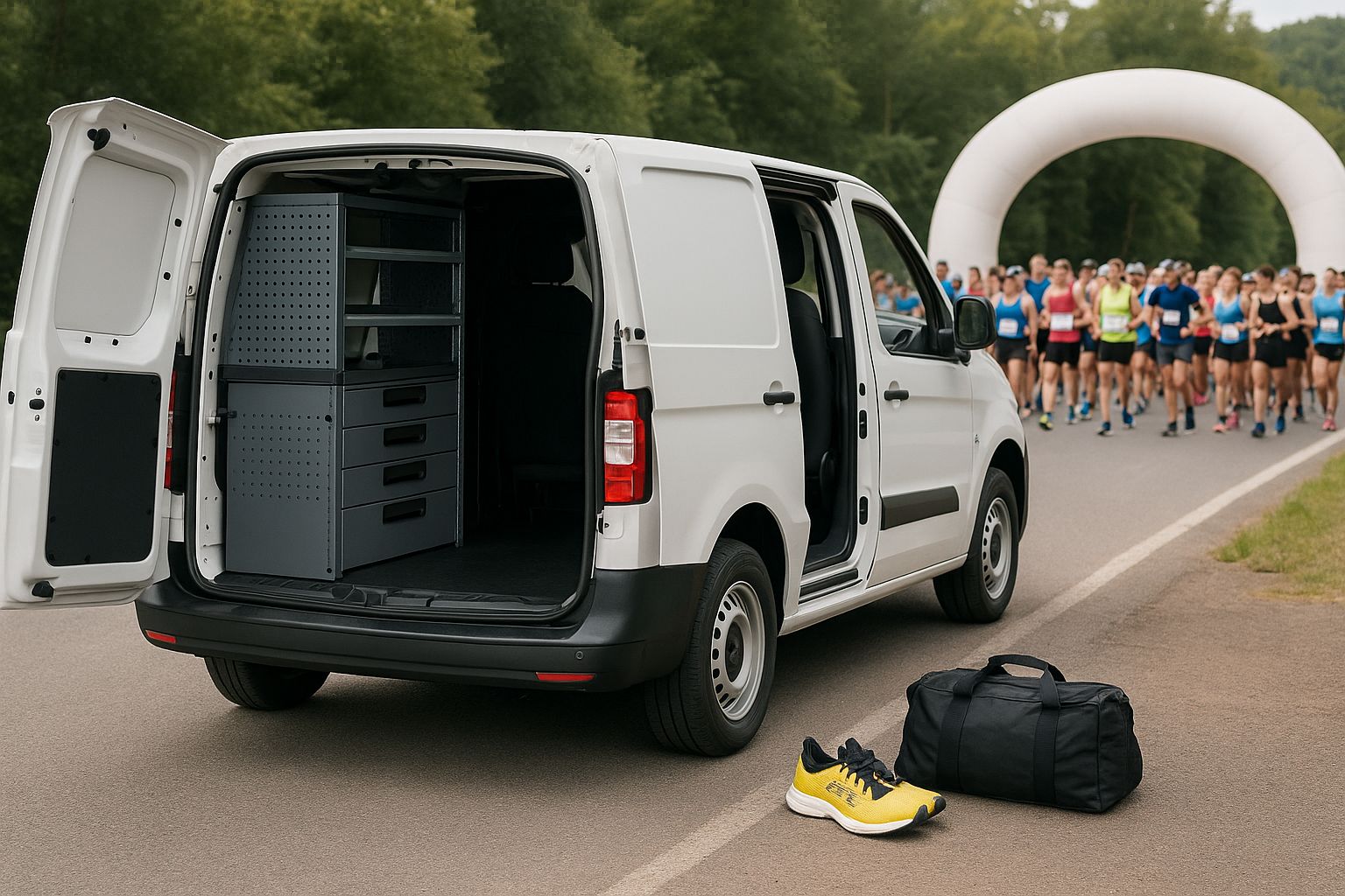 Weiße Transporterflotte mit aufklappbaren Work System Ausbauten für mobile Lauf-Basecamps.