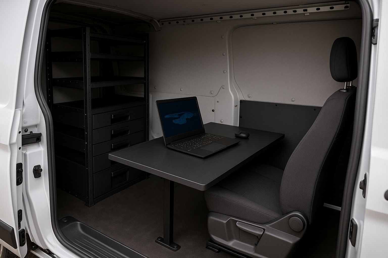 Organisierter Transporter-Arbeitsbereich mit Werkzeugen und Kisten