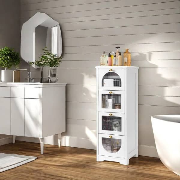 Schmaler weißer Badezimmerschrank mit vier Fächern für mehr Ordnung im Bad.