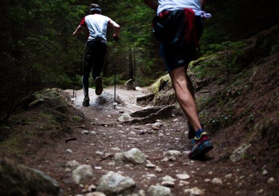 Zwei Trailrunner bewältigen einen steinigen Waldpfad mit Stöcken bergab