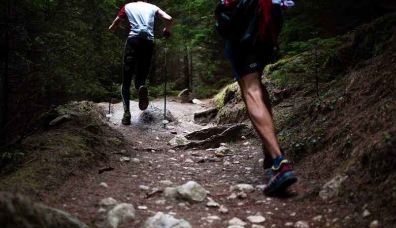 Zwei Trailrunner bewältigen einen steinigen Waldpfad mit Stöcken bergab